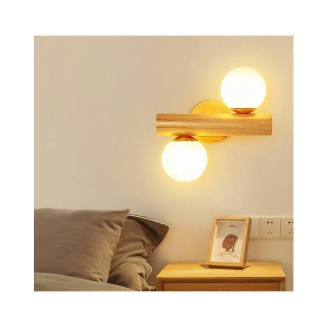 Applique Murale Rotative Double Globe En Verre Laiteux - Design Moderne En Bois Pour Salon Et Chambre