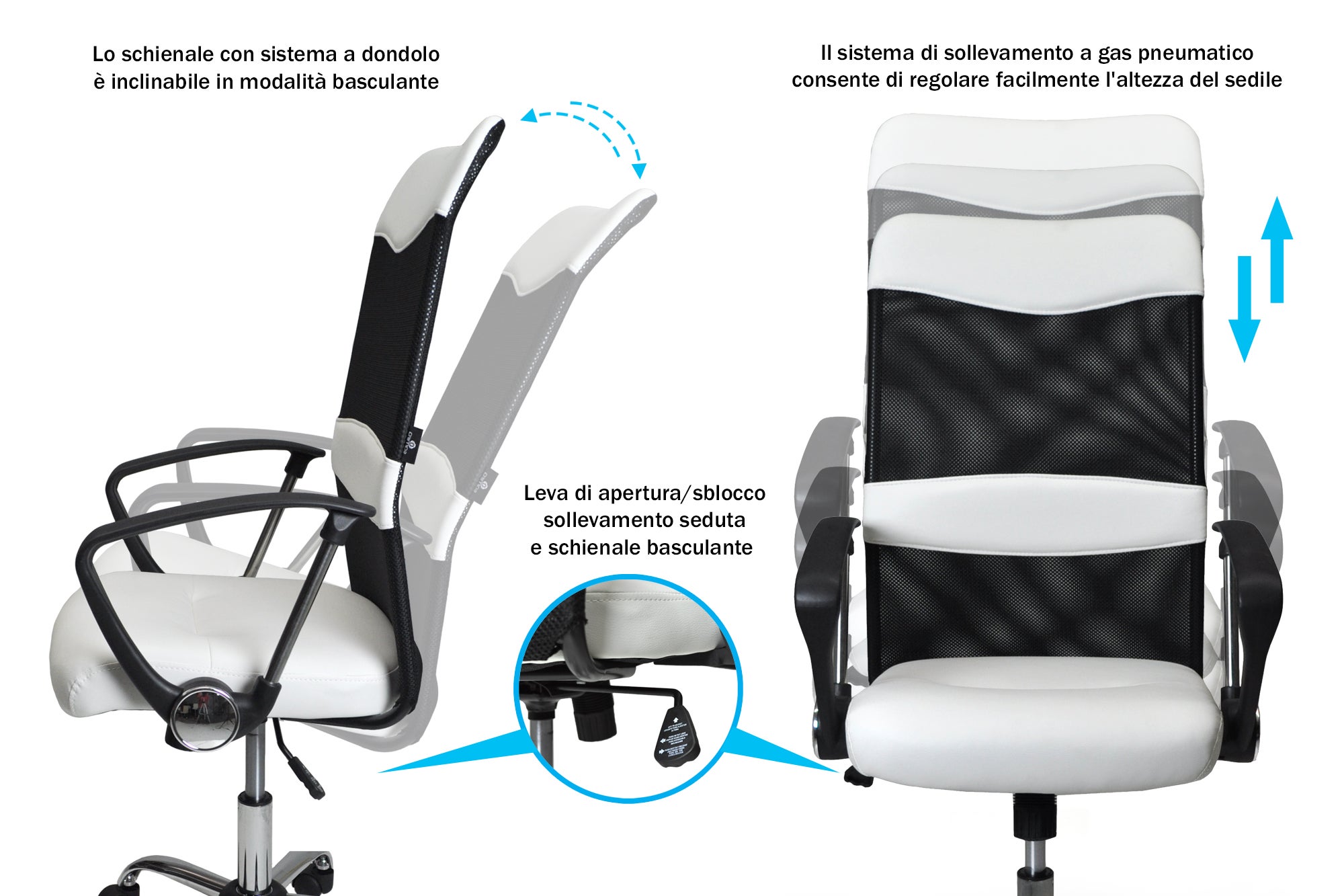 Sedia da ufficio direzionale, poltrona operativa in tessuto traforato e ecopelle bianca - 5