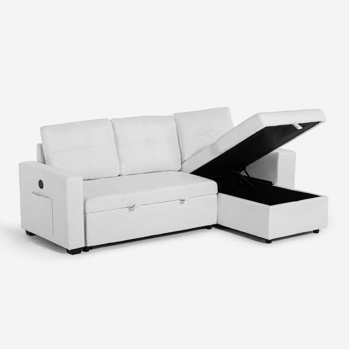 Divano letto 3 posti con penisola contenitore USB-C libreria Civis - Bianco - 4