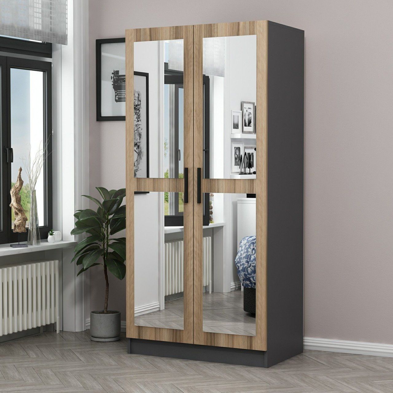 Armoire 2 Portes Et 4 Miroirs Sanur L90xH190cm Ch ne Clair Et 