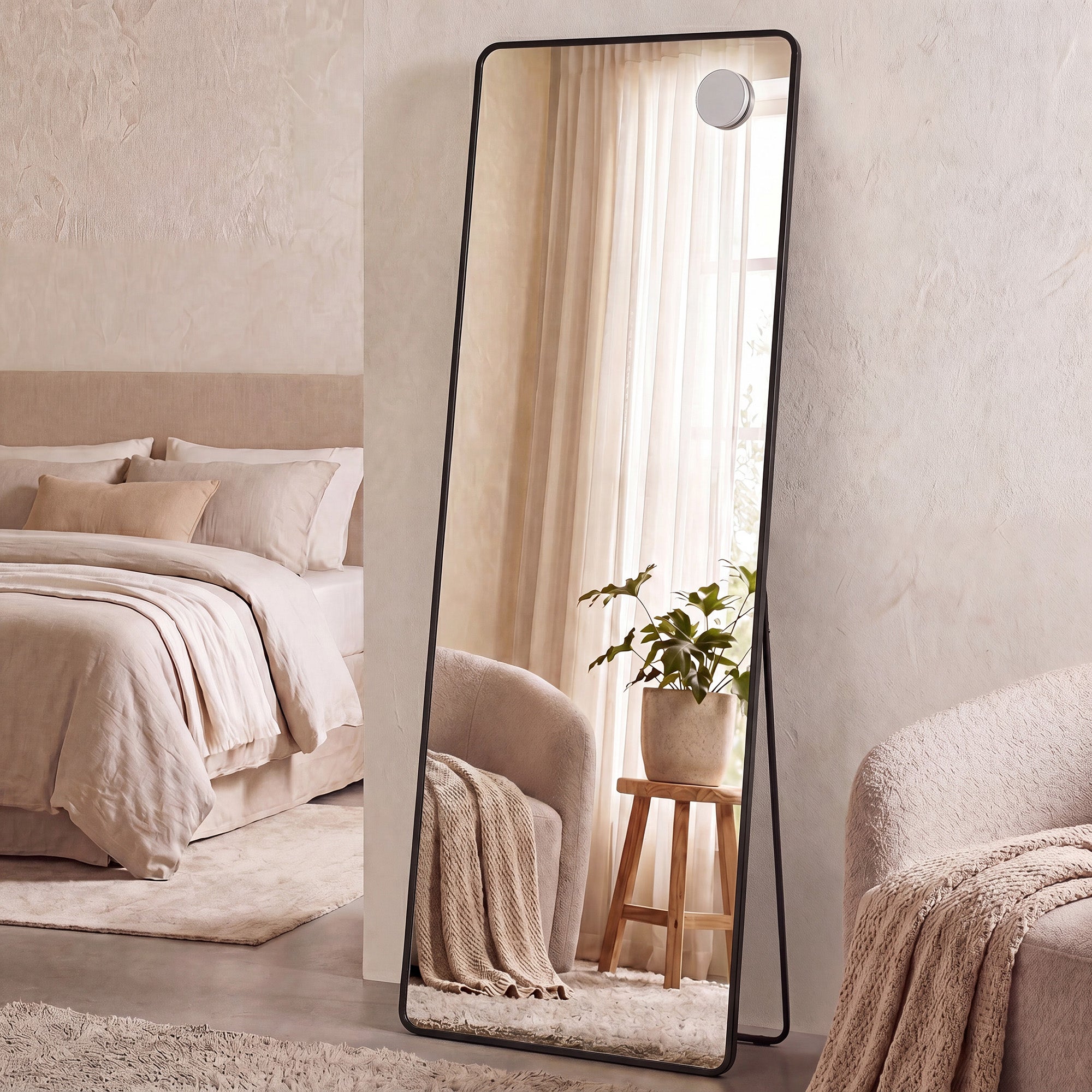 Grand Miroir sur Pied, avec Miroir Grossissant, Verre Trempé, Rectangulaire, Coins Arrondis, 160 x 50 cm, Noir - 3