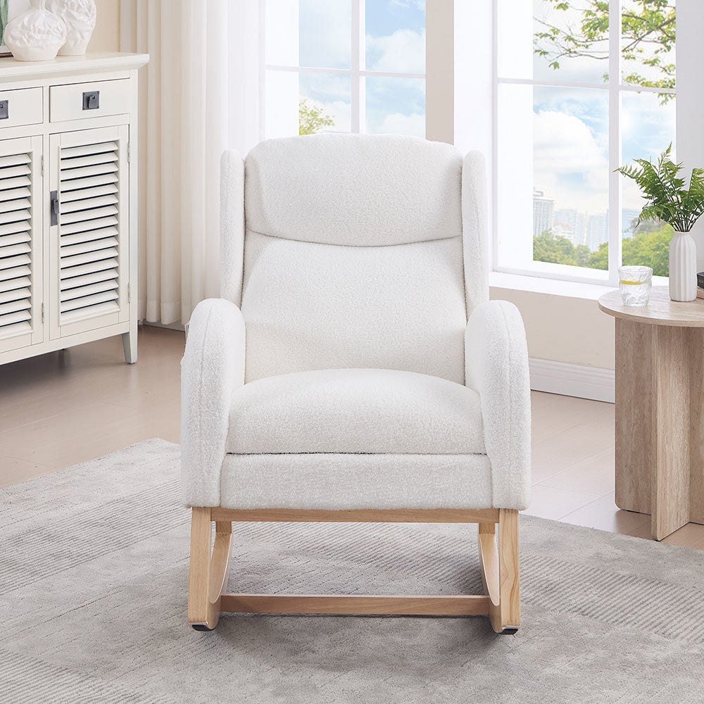 Fauteuil allaitement à bascule - Structure bois repose-pieds réglable tissu Teddy blanc avec poche - 10