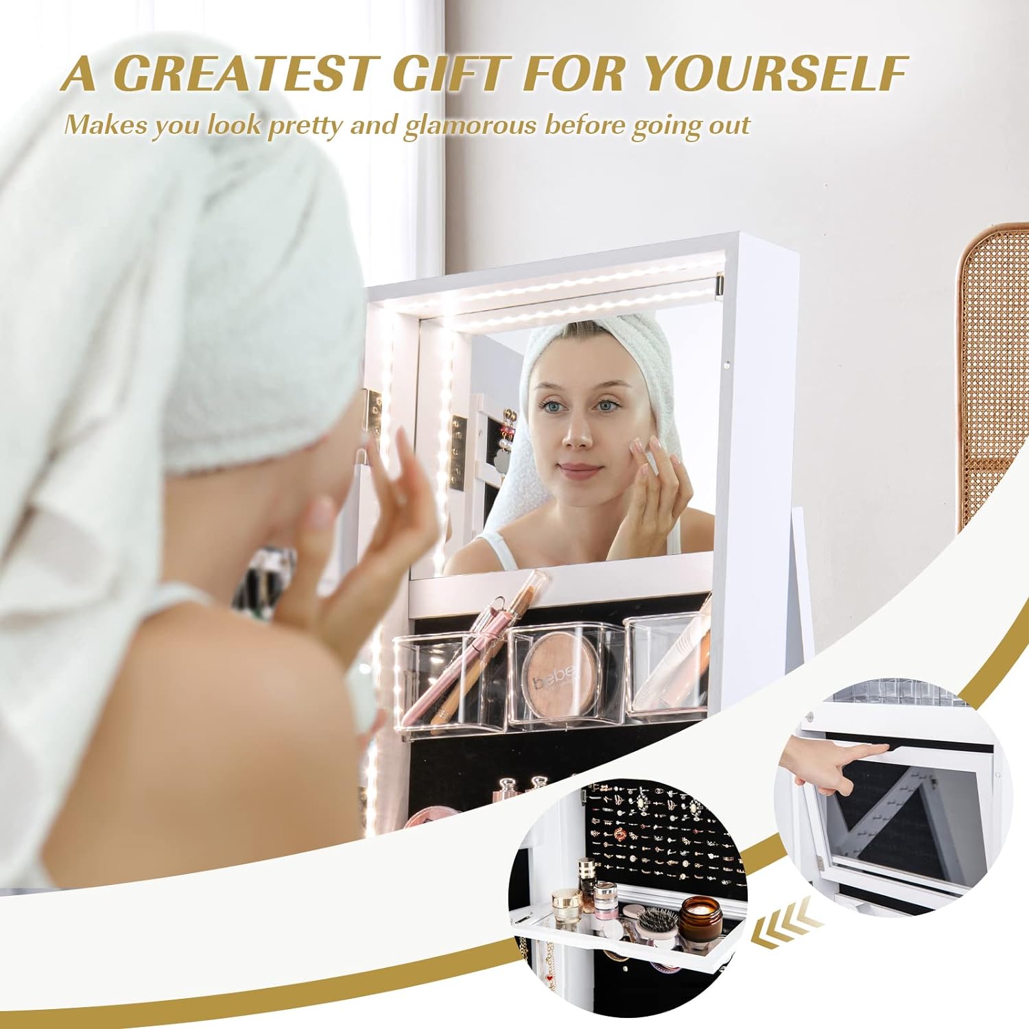 Armadietto per Gioielli Girevole a 360°, con Specchio a Figura Intera Luce a LED a 3 Colori, Specchio Interno per il Trucco con Serratura, 54,5x 54,5 - 3