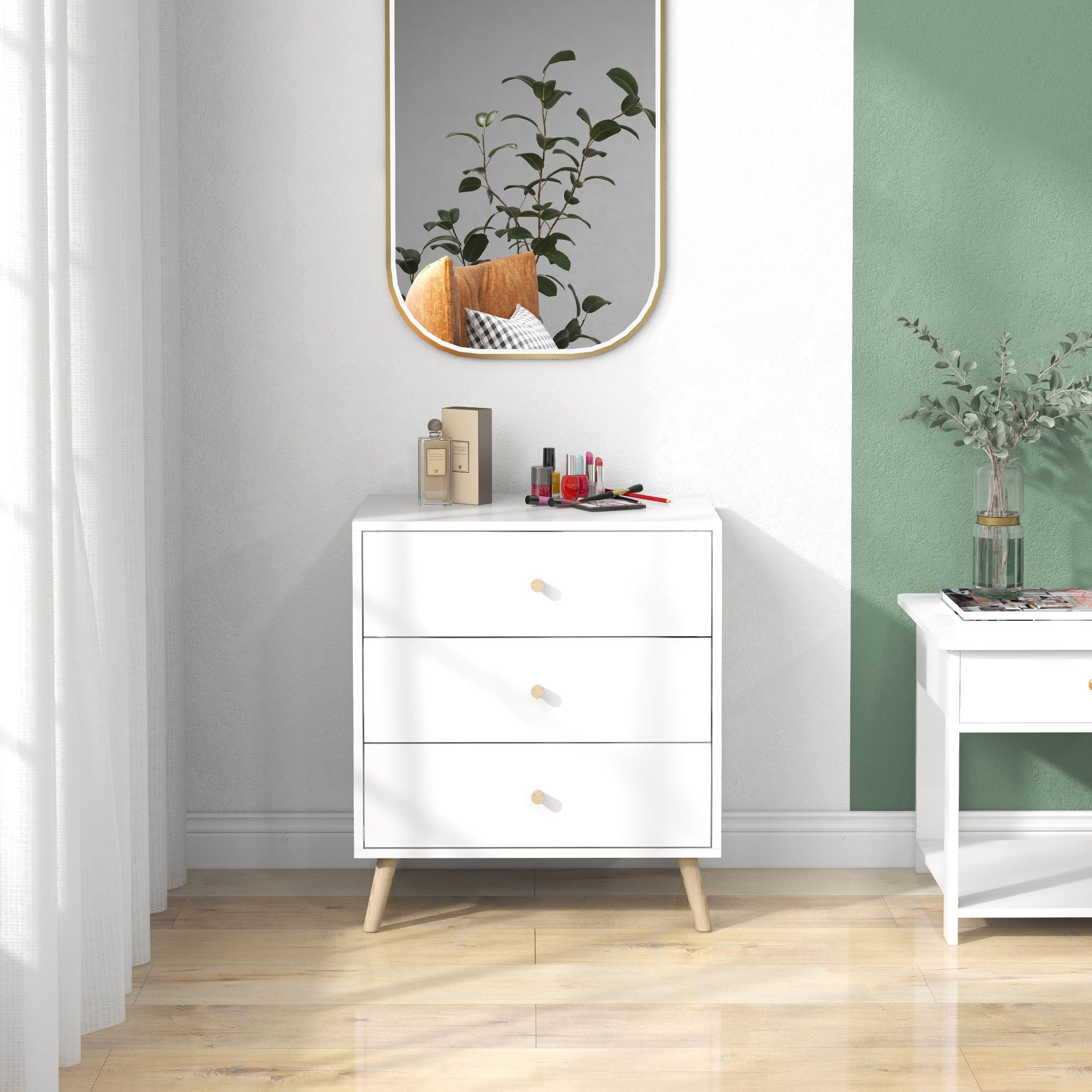 Commode 3 tiroirs Design scandinave Meuble de Rangement Chambre MDF Blanc poignée piètement effilé Bois Massif de pin - 9