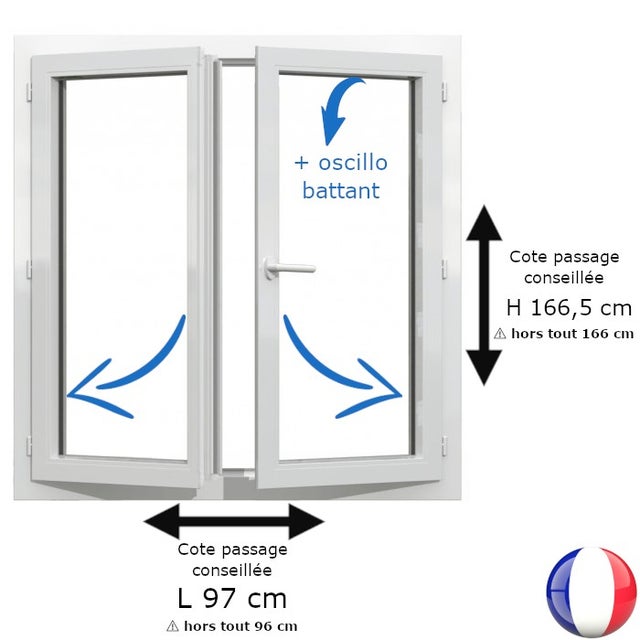 Fenêtre PVC blanc 2 vantaux hors tout H 166 x L 96 cm oscillo battant pour pose rénovation