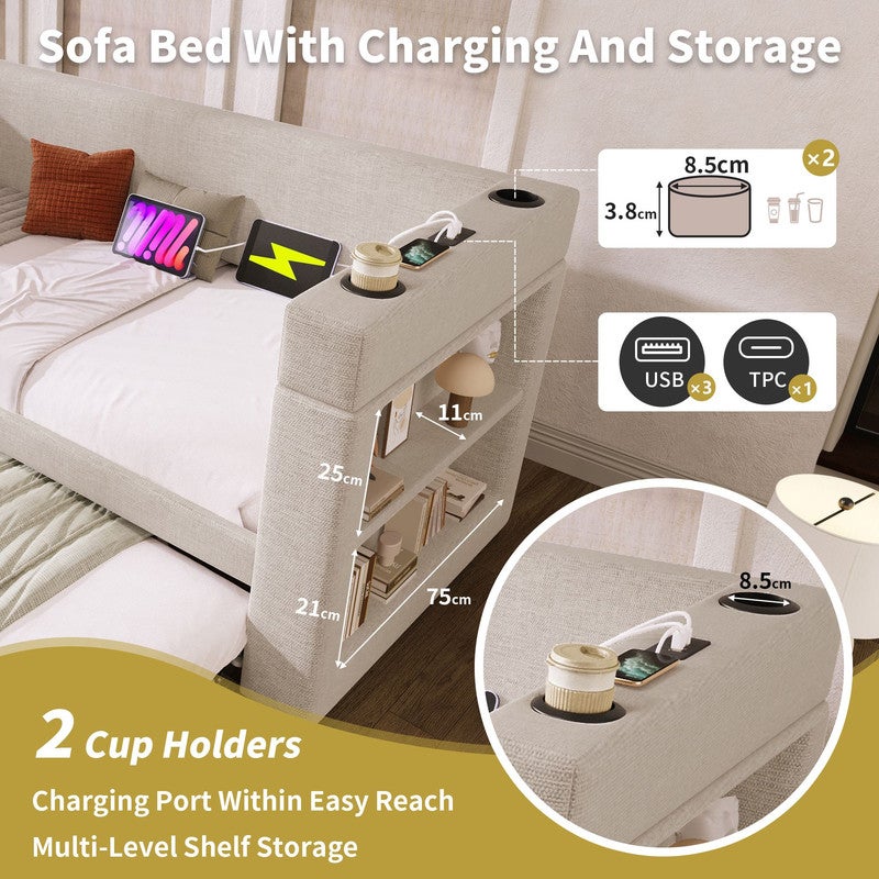Sofá cama extensible 90x190 con cama nido 90x190,almacenamiento,puertos USB tipo C y portavasos,cama doble con somier de láminas,algodón y lino,beige - 4