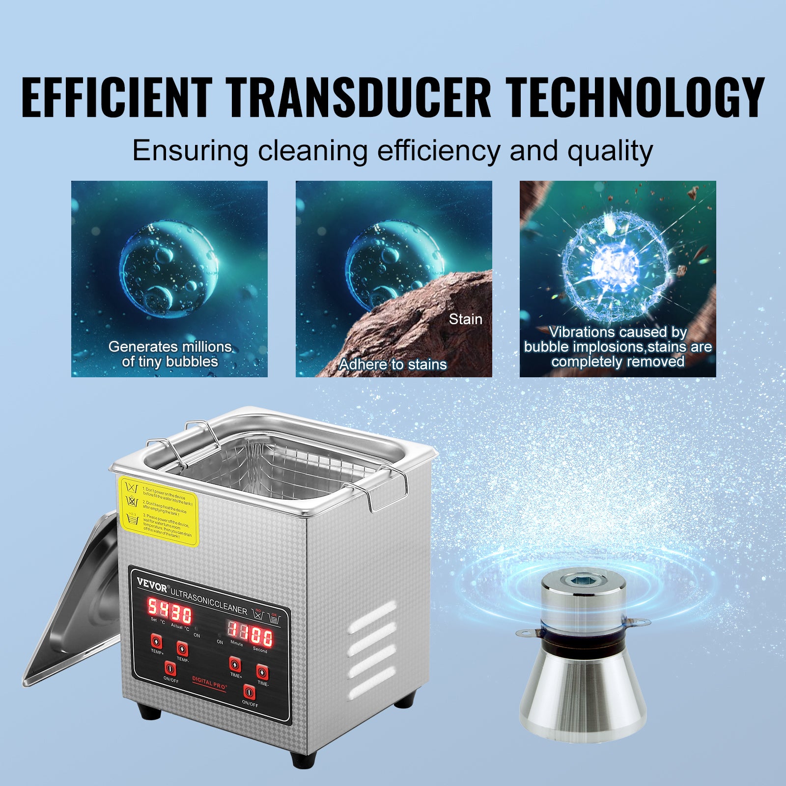 Nettoyeur à Ultrasons VEVOR 1.75L en Acier Inoxydable Bac Ultrasons Numérique avec Chauffage Temps et Température Réglables Appareil de Nettoyage - 3