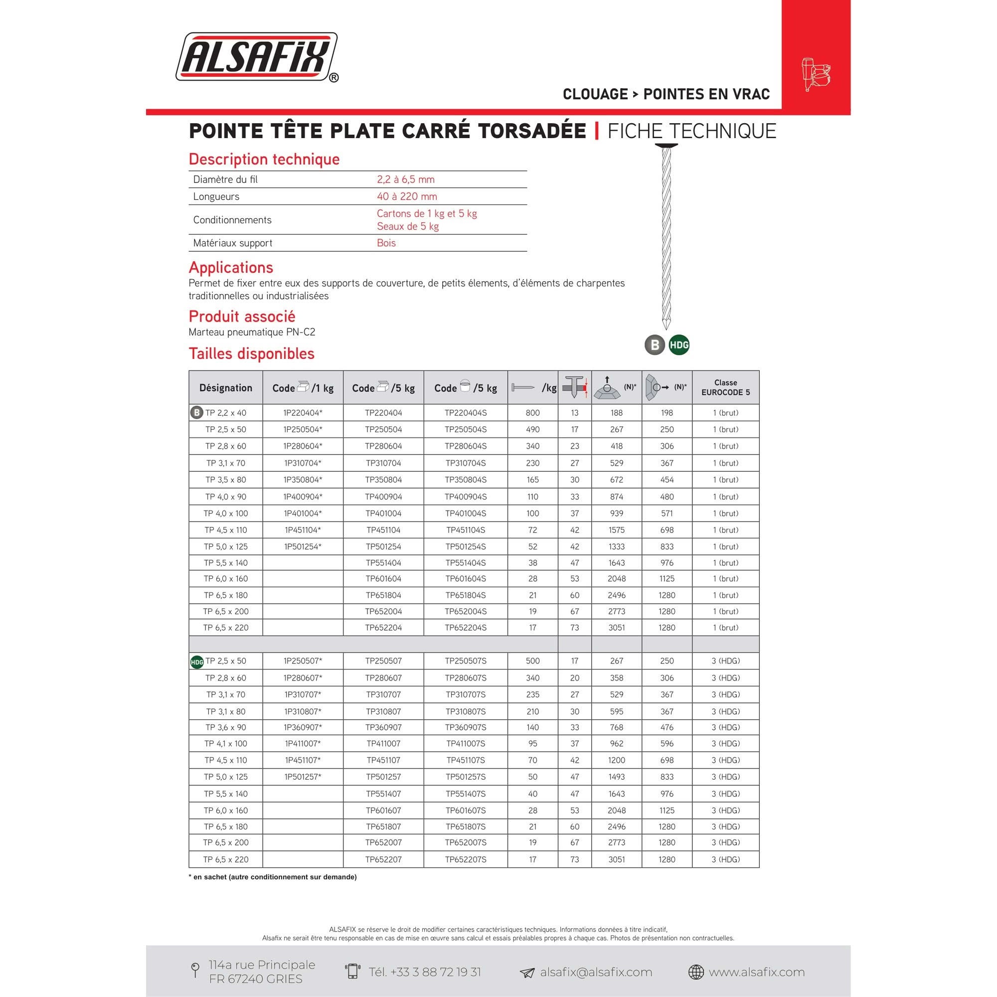 Alsafix Pointe Galvanisée à Chaud (HDG) Carré Torsadé (CT) en Vrac Tête Plate (TP) 3,1 mm - 5 kg - Longueur 70 mm - Diamètre 3,1 mm - 4