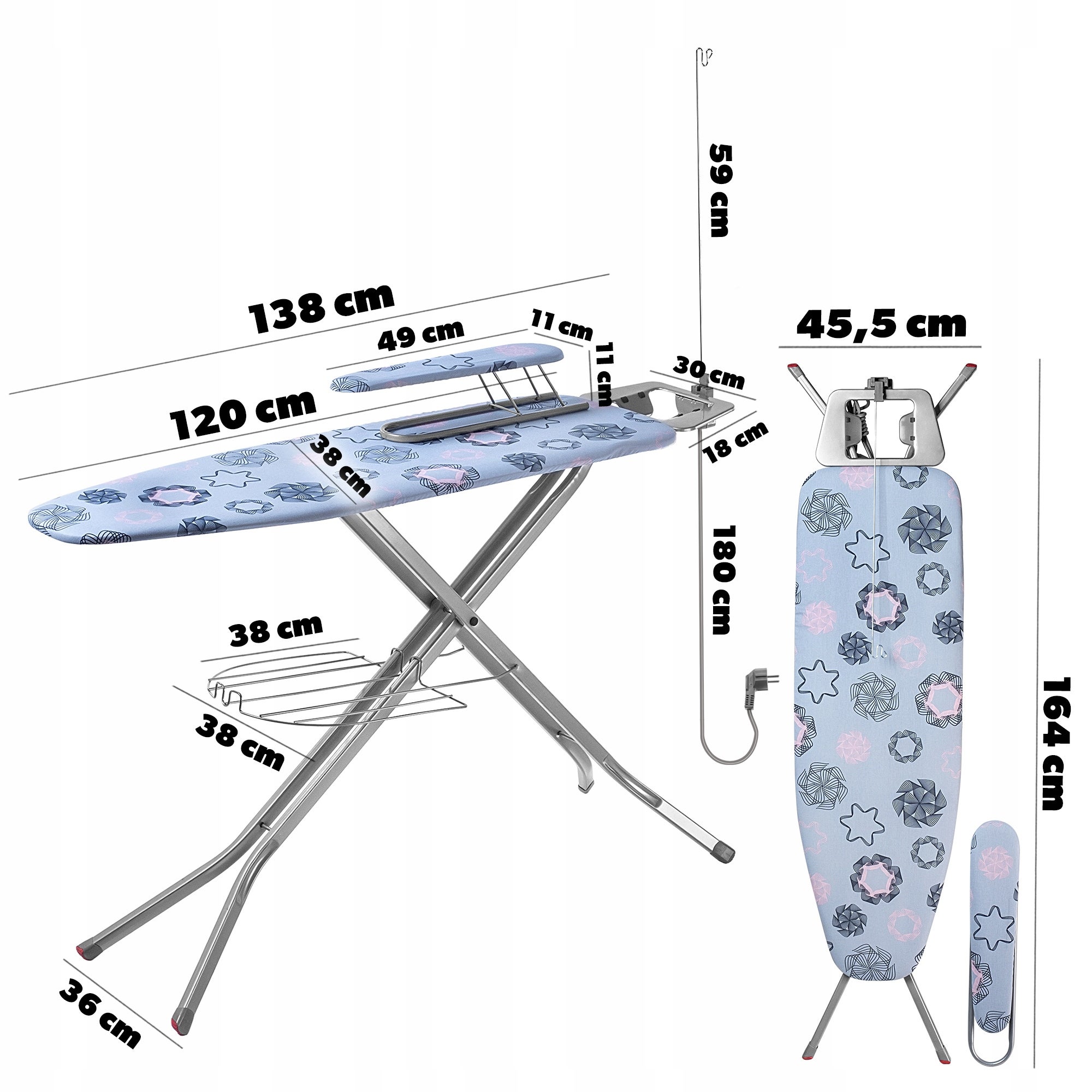 KADAX Table à Repasser pour Centrale Vapeur, Planche Pliable avec Support pour Fer, Prise de Courant, Étagère et Hauteur Réglable (120 x 38 cm, Bleu) - 3