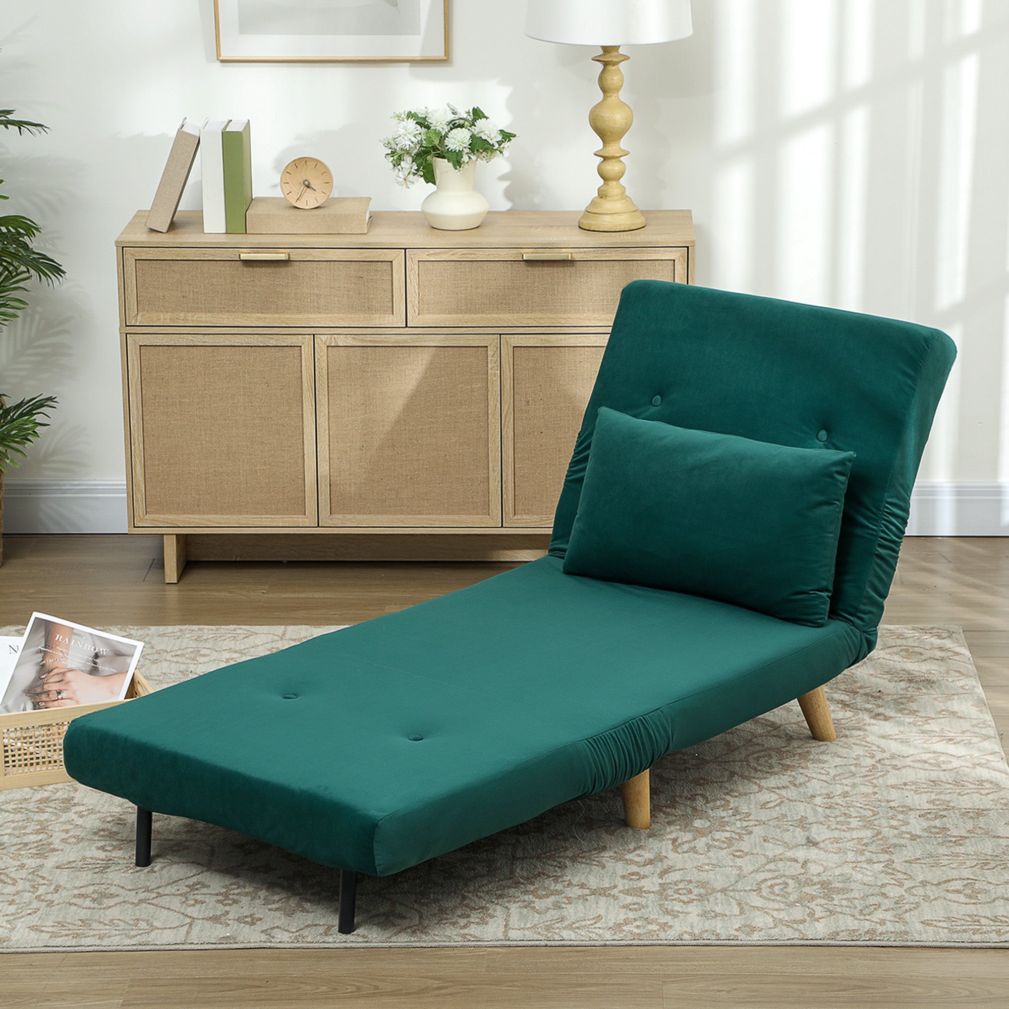 Fauteuil pliant convertible en lit, fauteuil lounge pliable en velours, dossier réglable, supporte jusqu'à 120 kg, vert foncé - 4