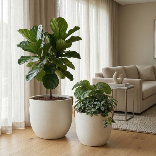 Lot de 2 Pots de Fleurs Ronds Aspect Béton - Jardinières Intérieur Extérieur avec Drainage - Blanc Cassé - Ø37 et Ø46 cm - 2