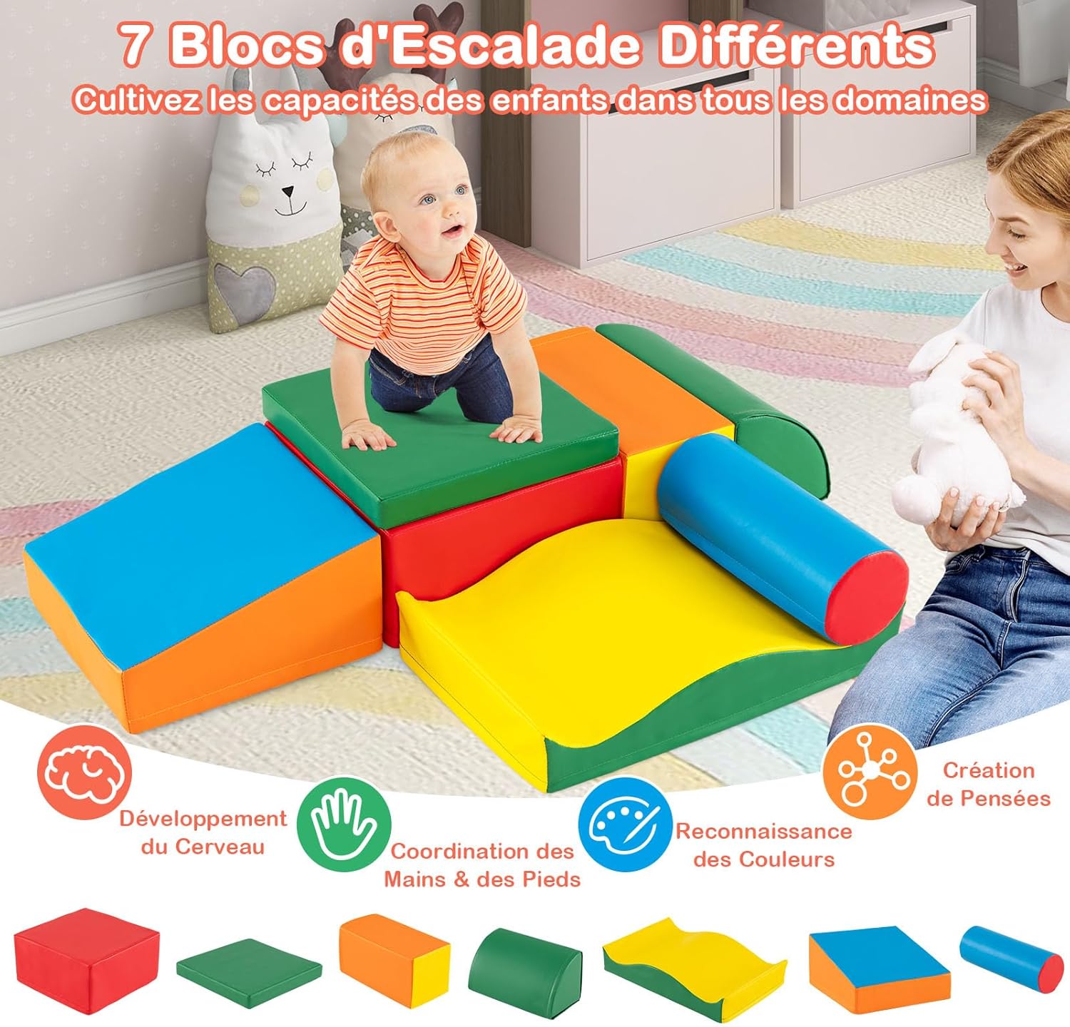 7 PCS Parcours de Motricité Bébé, Module Motricité en Mousse PU pour Grimper Ramper, Bloc de Constrcution pour Jeu - 2