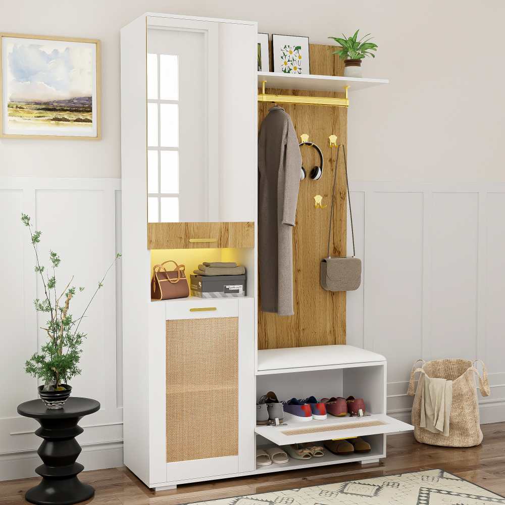 Ensemble de garde-robe moderne Bois et blanc avec miroir, LED, meuble à chaussures et banc - 4