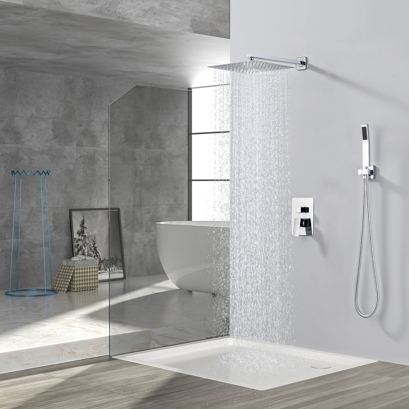 Colonne de Douche Encastrée Chromée avec Tête Carrée 12