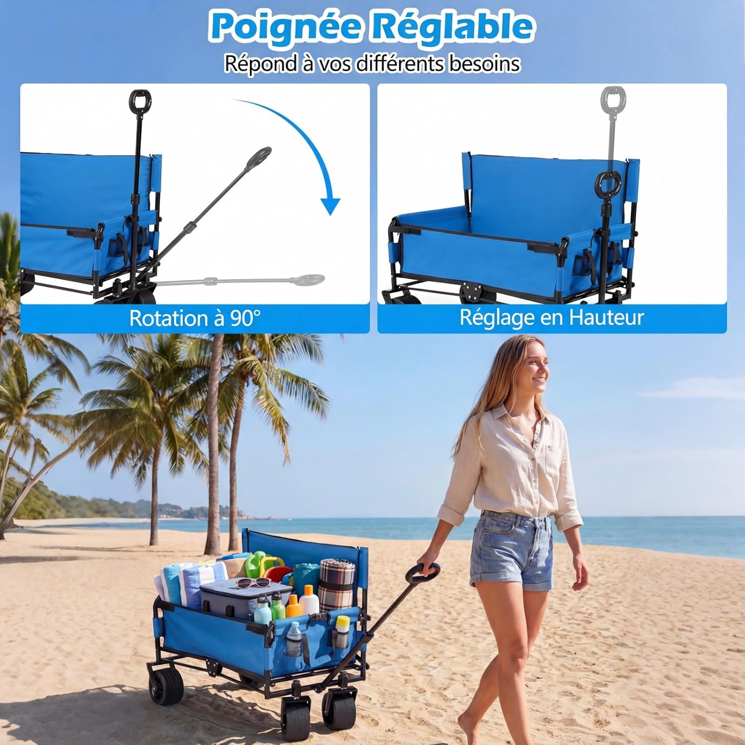 GIANTEX Chariot de Plage Pliable Banc 2-en-1, Chariot de Transport 85 L,Poignée Ajustable Poussée/tirée Coussins Doux et Roues Tout-Terrain,Bleu - 6