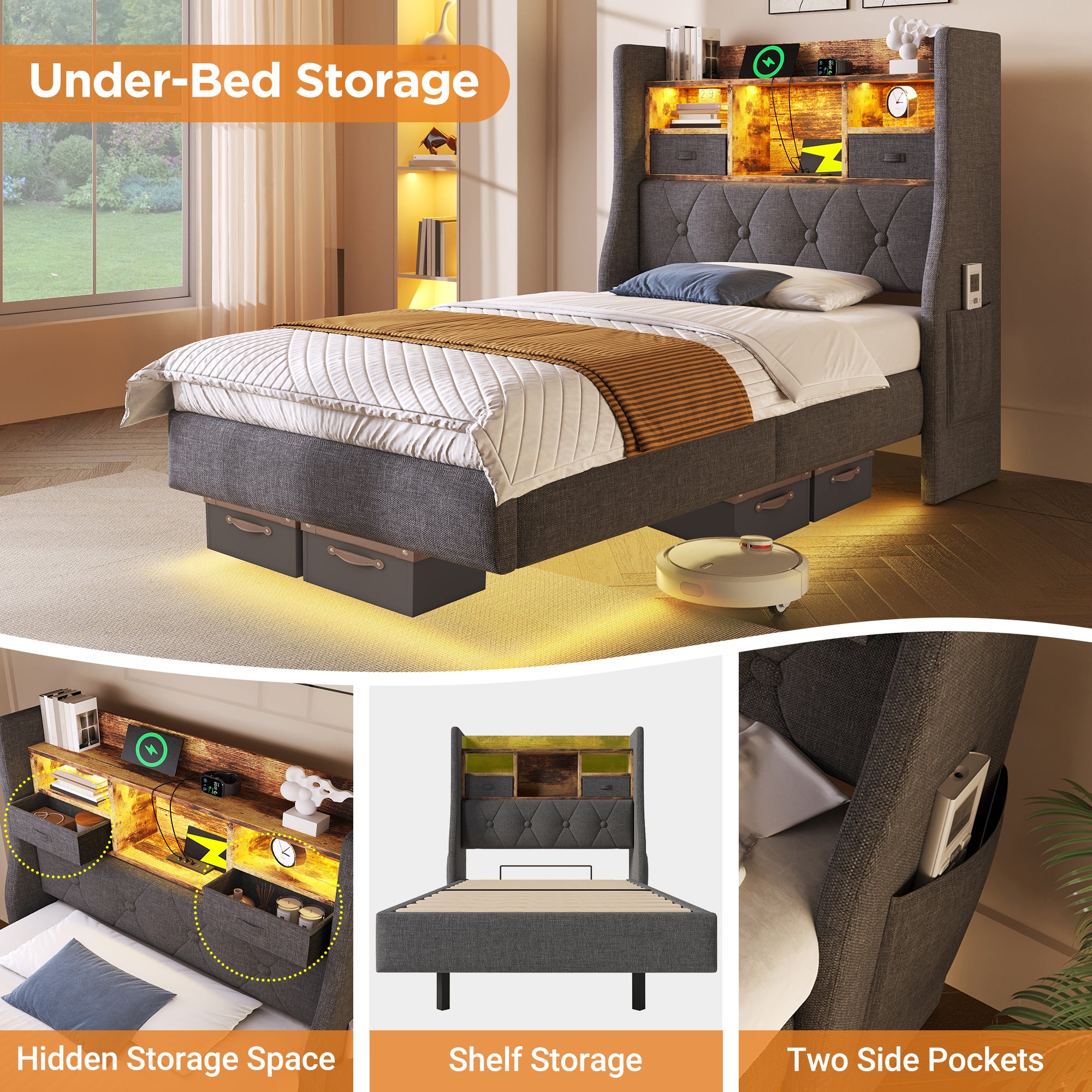 Lit 160x200 avec 1 Type-C 3 Ports USB et LED, Lit Double Flottant avec tête de de Rangement et sommier à Lattes, Lin Gris (Sans Matelas) - 4