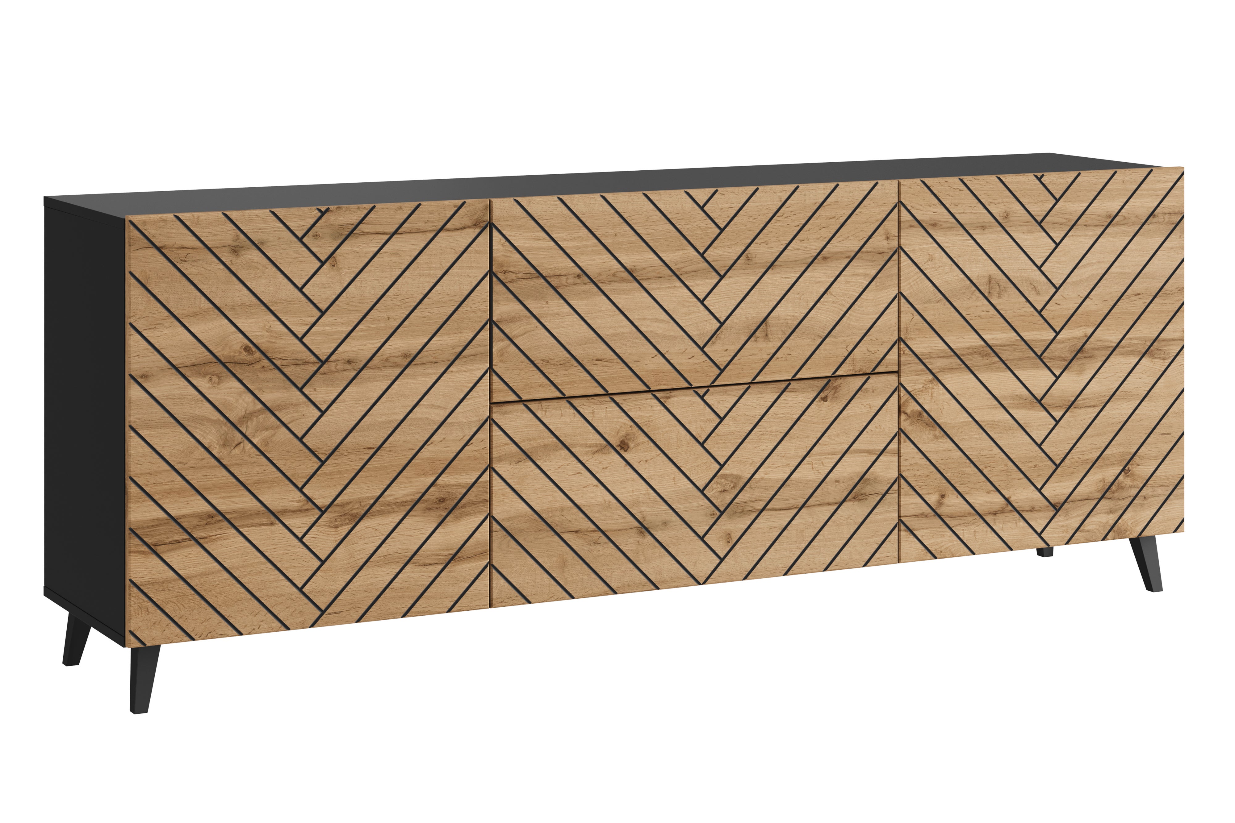 Długa komoda LOKET 180 cm, czarny grafit/dąb wotan MDF wzór M7