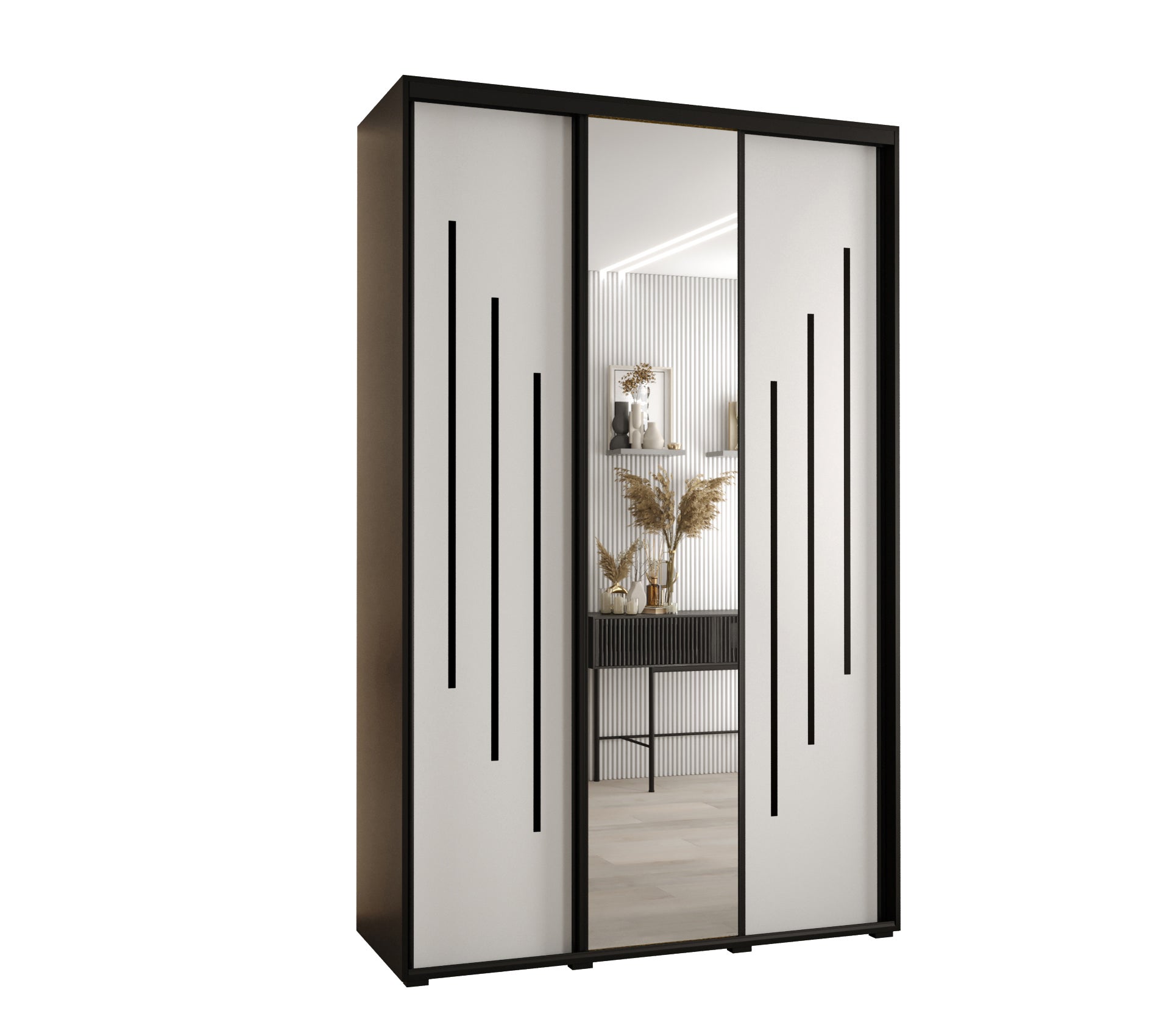 Szafa przesuwna z lustrem wysoka Davos 9 150 x 60 x 235,2 cm czarny + biały + u. czarny - Abiks Meble