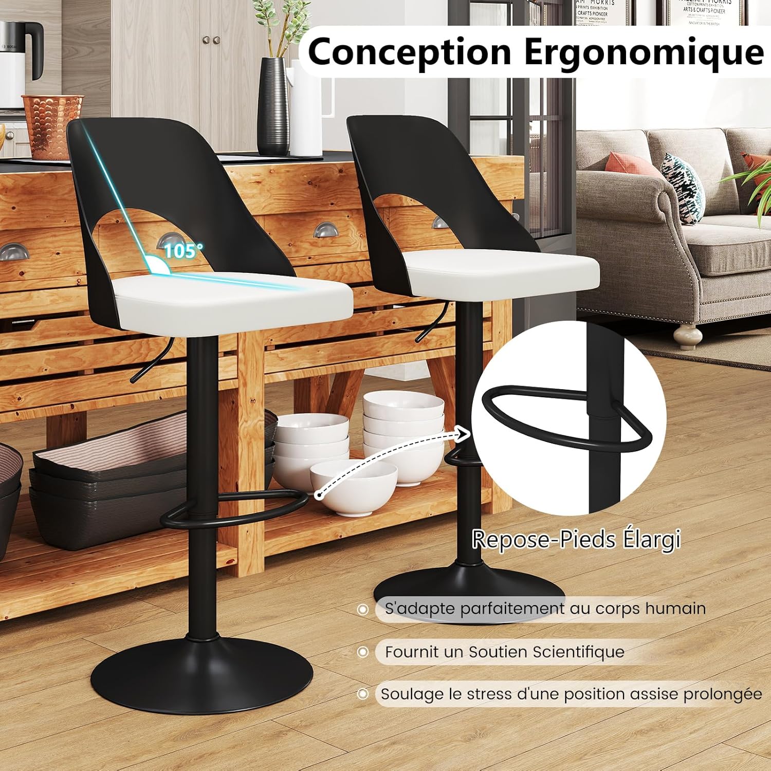 Juego de 2 Taburetes de Bar Giratorios, Sillas Ergonómicas con Respaldo, Reposapiés y Asiento con Altura Ajustable 63-83 cm (Blanco+Negro) - 4