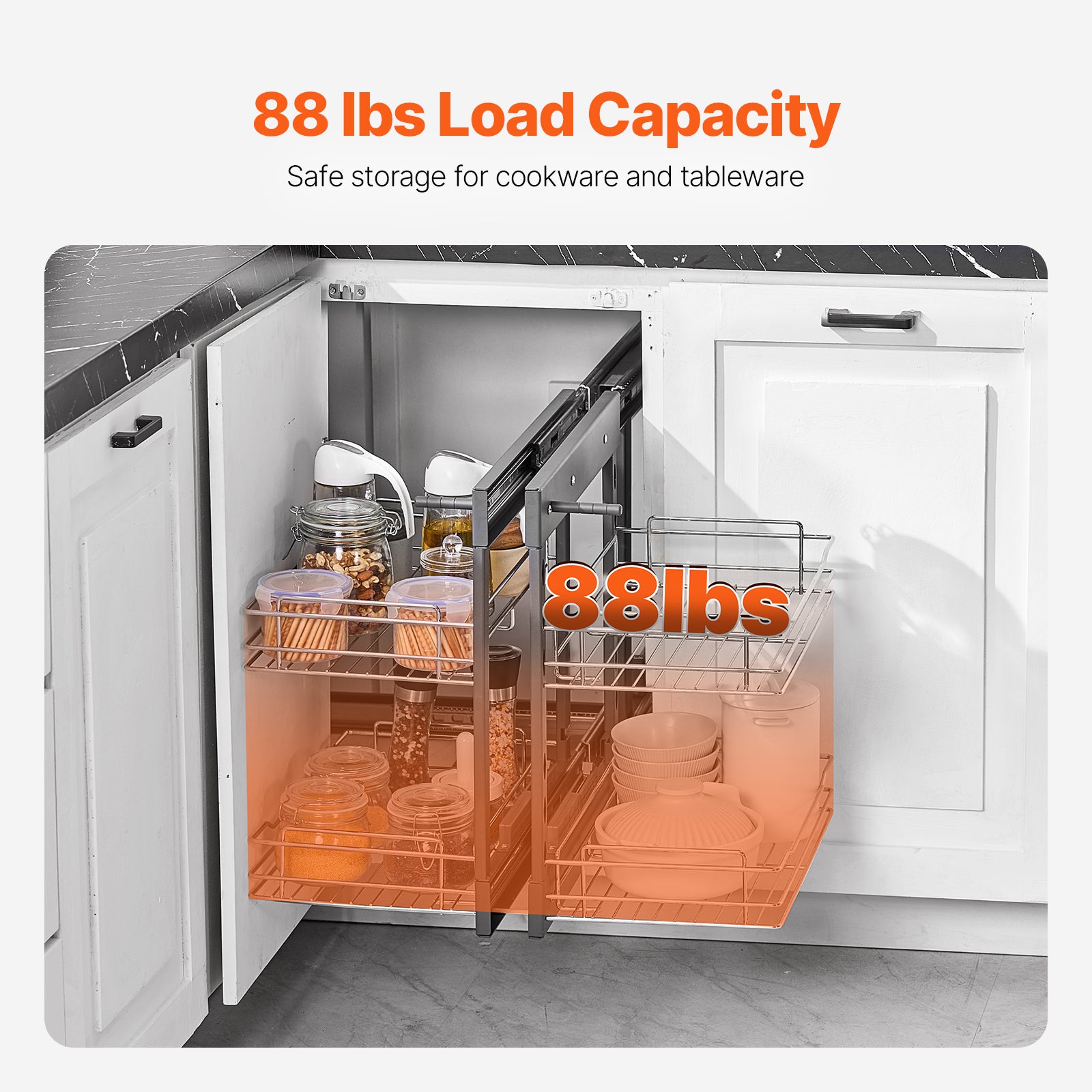 Organizador Deslizante Canto VEVOR 380 cm Largura,Armazenamento Cozinha 2 Níveis,4 Prateleiras,Cesto Aço Cromado,60,5x45,5 cm - 5