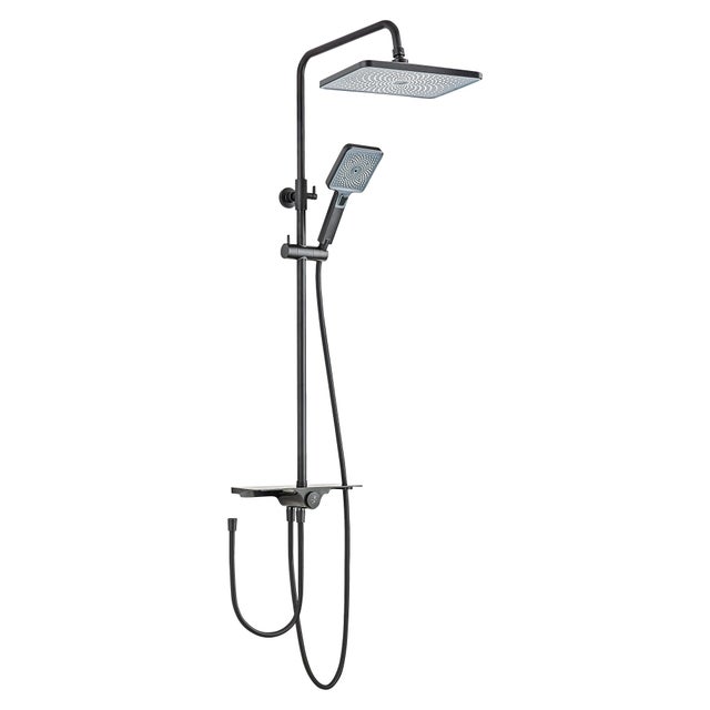 Schulte colonne de douche, avec étagère, robinetterie avec douche de tête effet pluie, douchette 3 jets, noir mat, VERINA