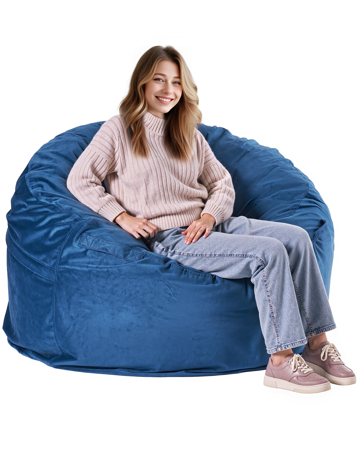 Vevor pouf redondo, silla pereza con funda removible y lavable, relleno espuma alta densidad y terciopelo holandés, con asa y bolsillo lateral, azul