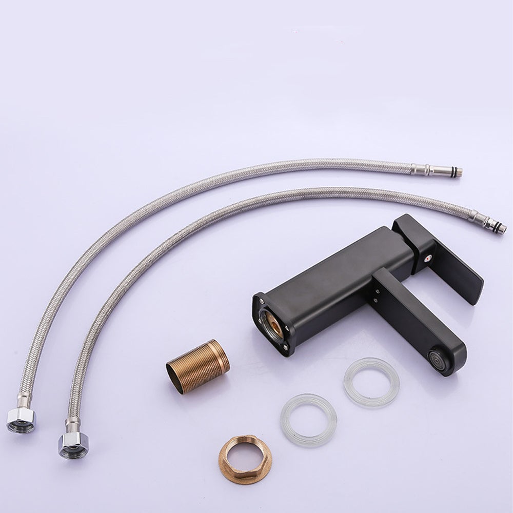 Czarny kran łazienkowy, bateria umywalkowa ze stopu aluminium z dostępem do ciepłej i zimnej wody, kran zlewozmywakowy z dwoma wężami