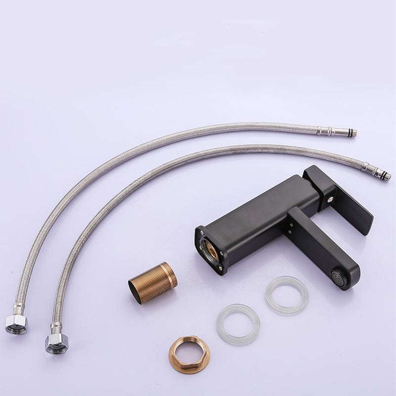 Czarny kran łazienkowy, bateria umywalkowa ze stopu aluminium z dostępem do ciepłej i zimnej wody, kran zlewozmywakowy z dwoma wężami