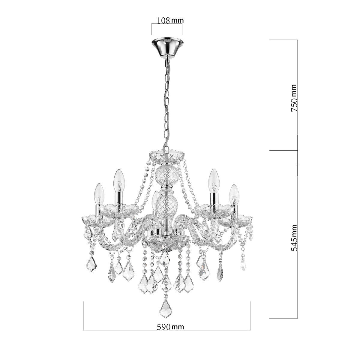 Lampa wisząca Cristallo transparentna-chromowana 5xE14x60W wym: 100 x 56 x 56 cm kryształ Light Prestige - 6