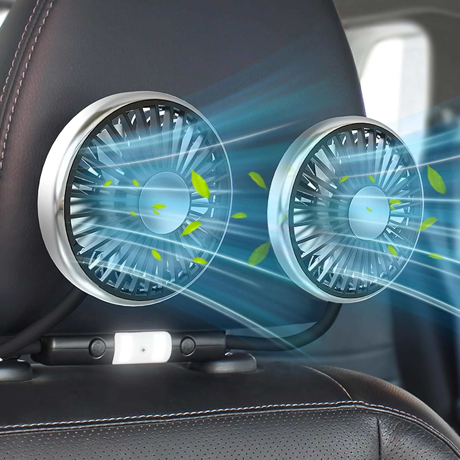 Wentylator samochodowy na tylne siedzenie, wentylator USB z podwójną głowicą, 3 prędkości i obrót o 360° Automatyczny wentylator chłodzący