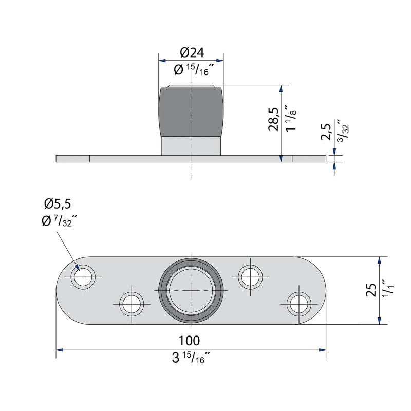 Guide olive en laiton Ø 24 mm sur platine en INOX 304L pour porte jusqu'à 200 kg - 2