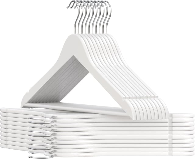 Grucce Legno, 20 Pezzi, Salvaspazio, Scanalature Spalle, Gancio 360°, Betulla, Pantaloni Giacche, Bianco