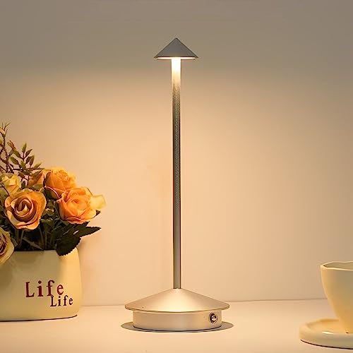 Srebrna, aluminiowa lampa stołowa z trójkolorowym ściemniaczem, przełącznikiem dotykowym, ładowalna, idealna do sypialni i jadalni.