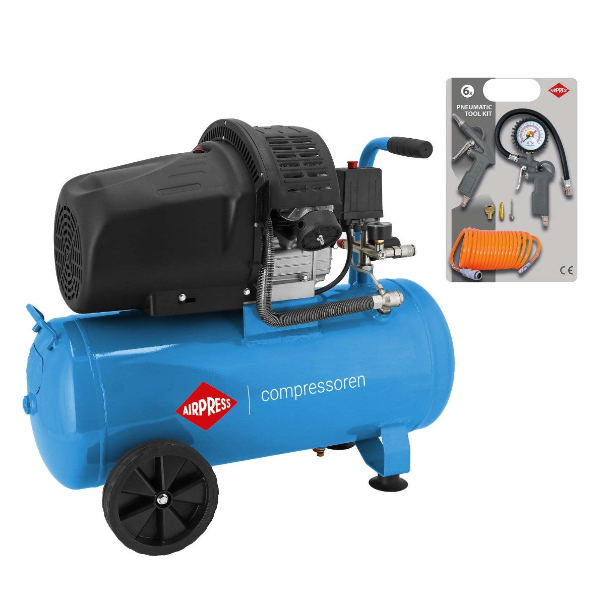 AIRPRESS HL 425-50 SPRĘŻARKA POWIETRZA Z DWUTŁOKOWYM TŁOKIEM Z ZESTAWEM AKCESORIÓW PNEUMATYCZNYCH