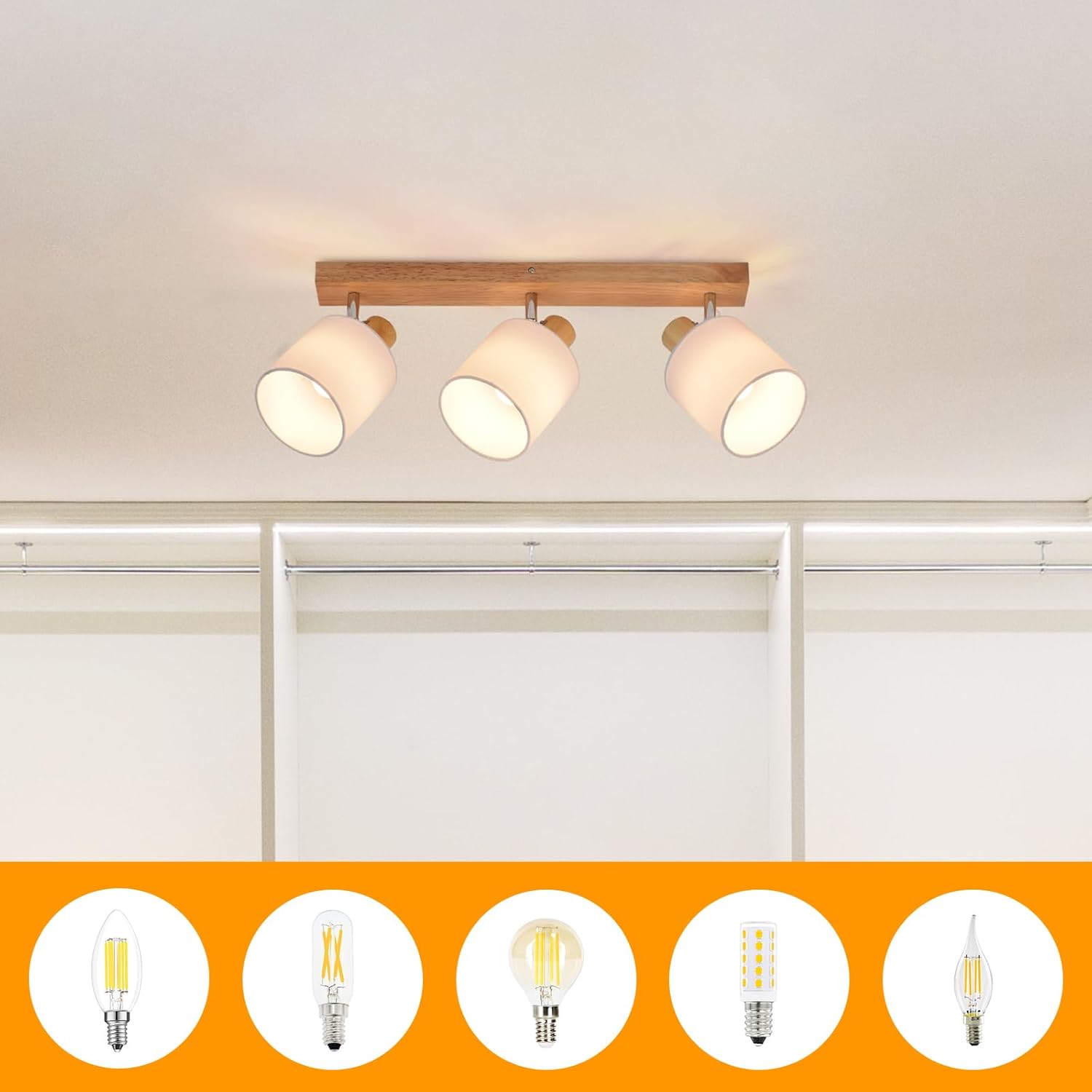 NETTLIFE 3 Focos de Techo Moderno de Pared de Madera Giratorio 350° E14 MAX.25W Lámpara para Salón Dormitorio (Sin Bombilla) - 6