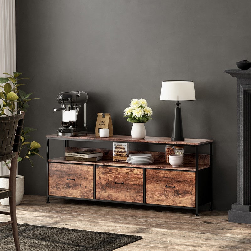 Meuble TV 108x30x57cm, avec bande lumineuse LED et 3 tiroirs en tissu rétro, pieds réglables en hauteur, structure en fer, meuble tele - 4