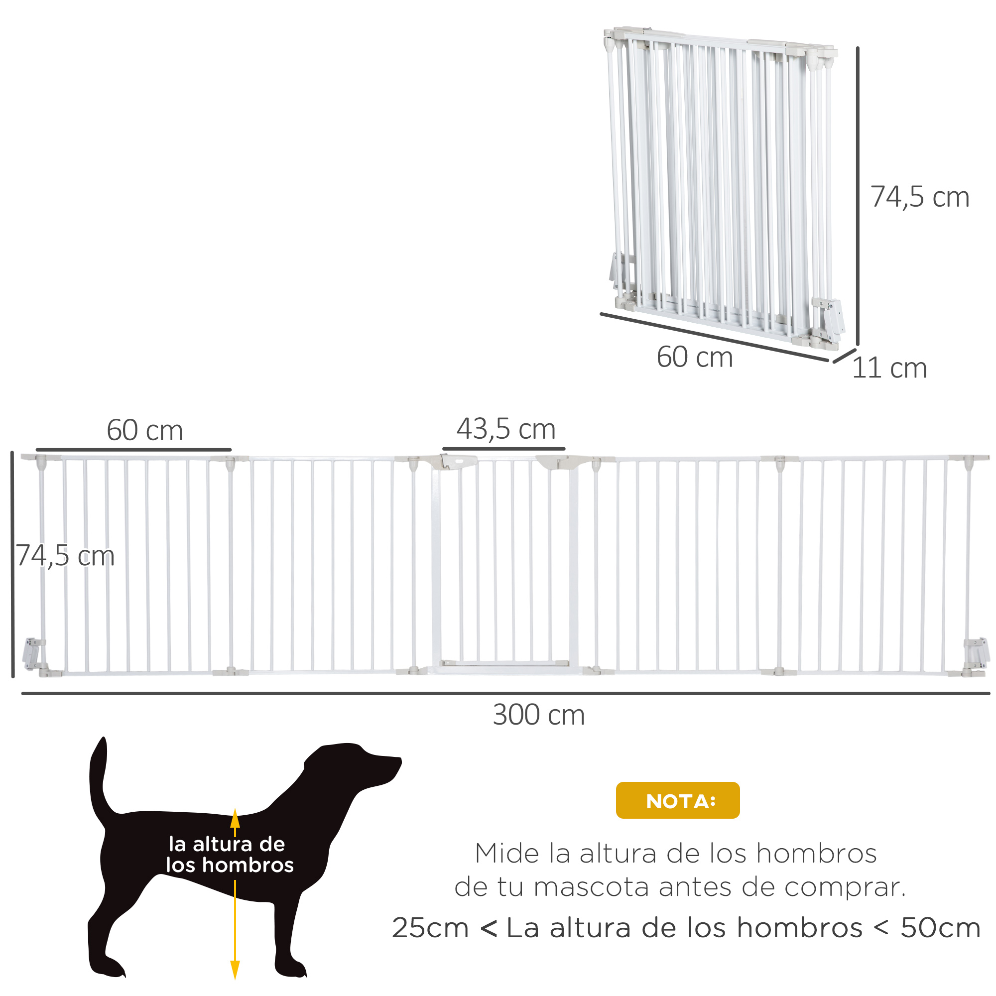 Barrera de Seguridad PawHut Metal, Plástico Blanco 300x74.5 cm - 3