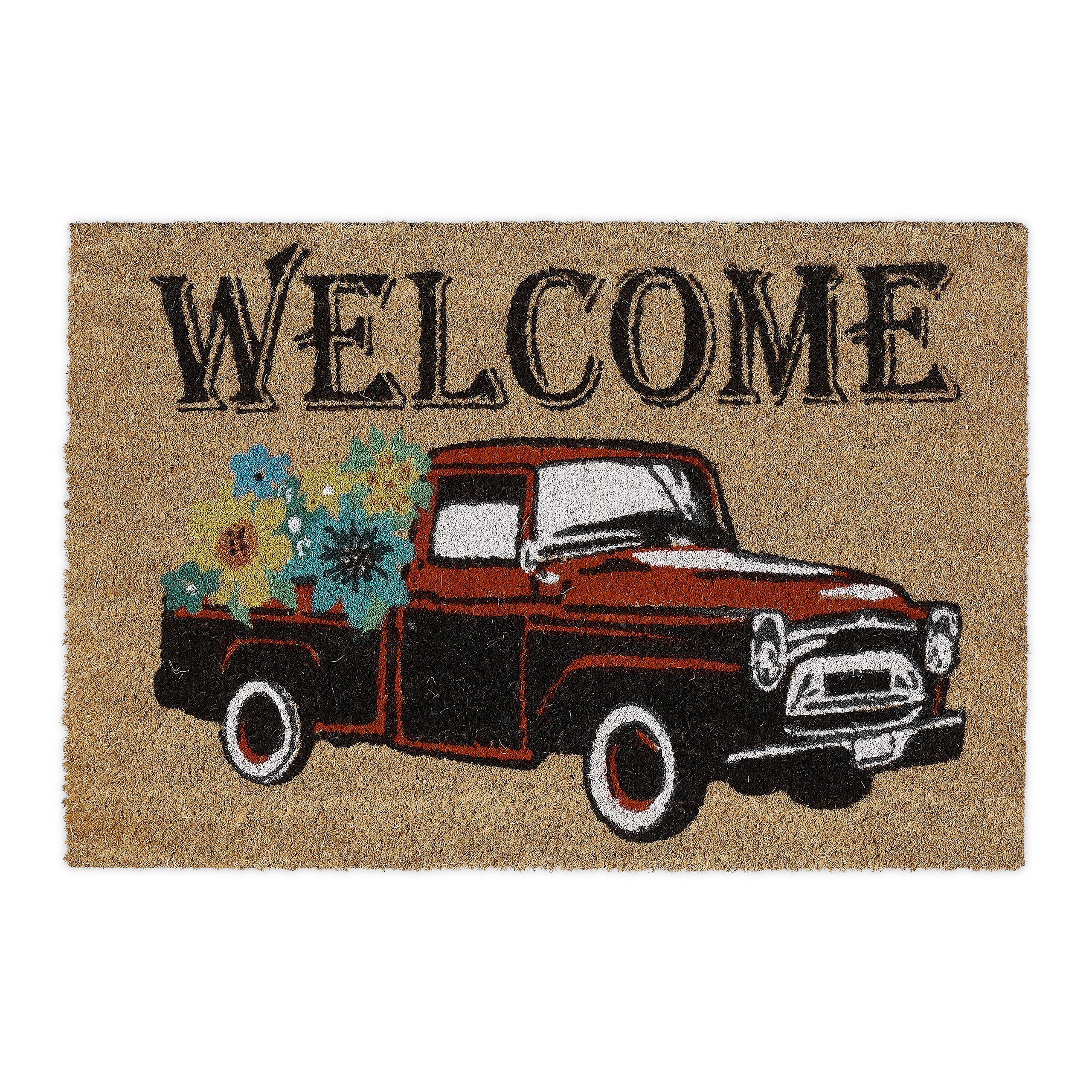 Relaxdays felpudo coco welcome, 60 x 40 cm, estampado de coche y flores, alfombrilla interiores y exteriores, natural