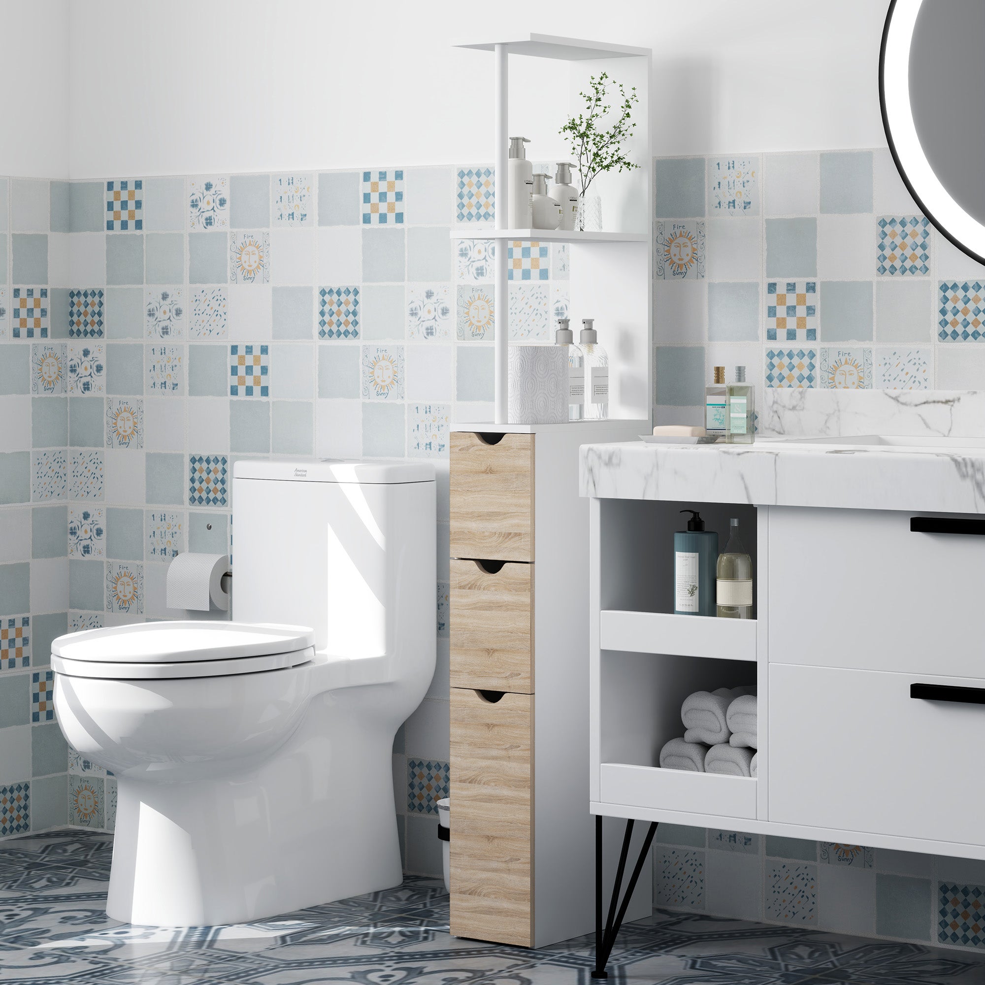 Meuble colonne salle de bain armoire de salle de bain avec tiroirs étagères ouvertes placard 15 x 33 x 136,8 cm blanc - COMFORTXL - 9
