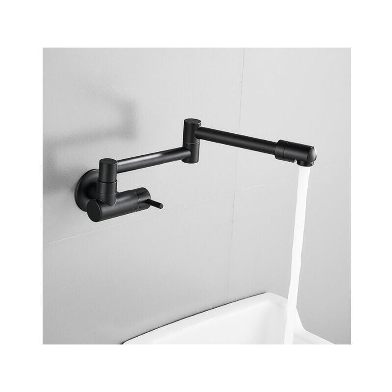 Czarny składany teleskopowy kran kuchenny do wpuszczania, mosiężny kran ścienny, bateria ścienna mieszaczowa, pojedynczy wylot zimnej wody