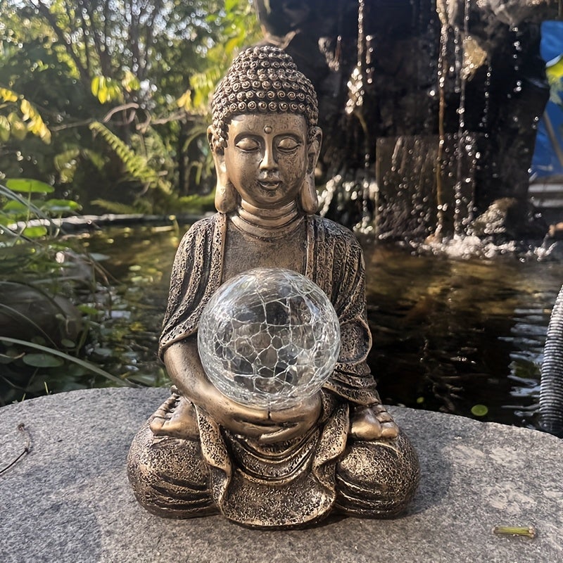 Zasilany energią słoneczną posąg Buddy do dekoracji wnętrz z oświetleniem LED rzeźba z żywicy idealna do ogrodu na dziedziniec trawnik na zewnątrz