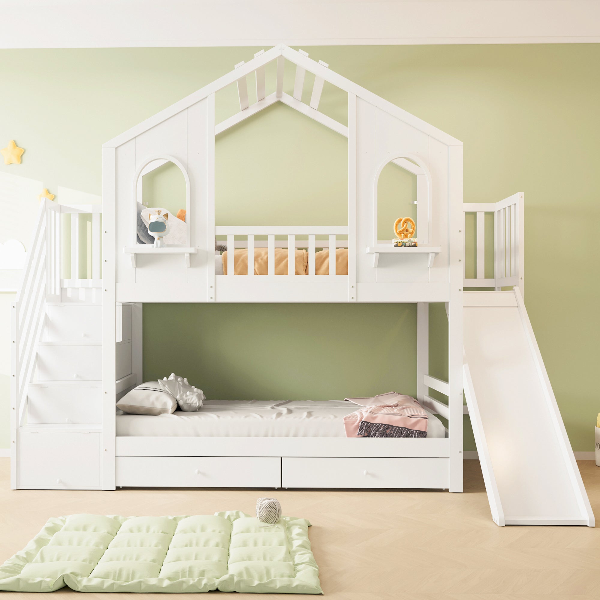 Łóżko piętrowe dziecięce 90x200 cm - Design domku - z drabinką schodkową + zjeżdżalnią - z 2 szufladami - biały (materac nie jest wliczony w cenę) - 2
