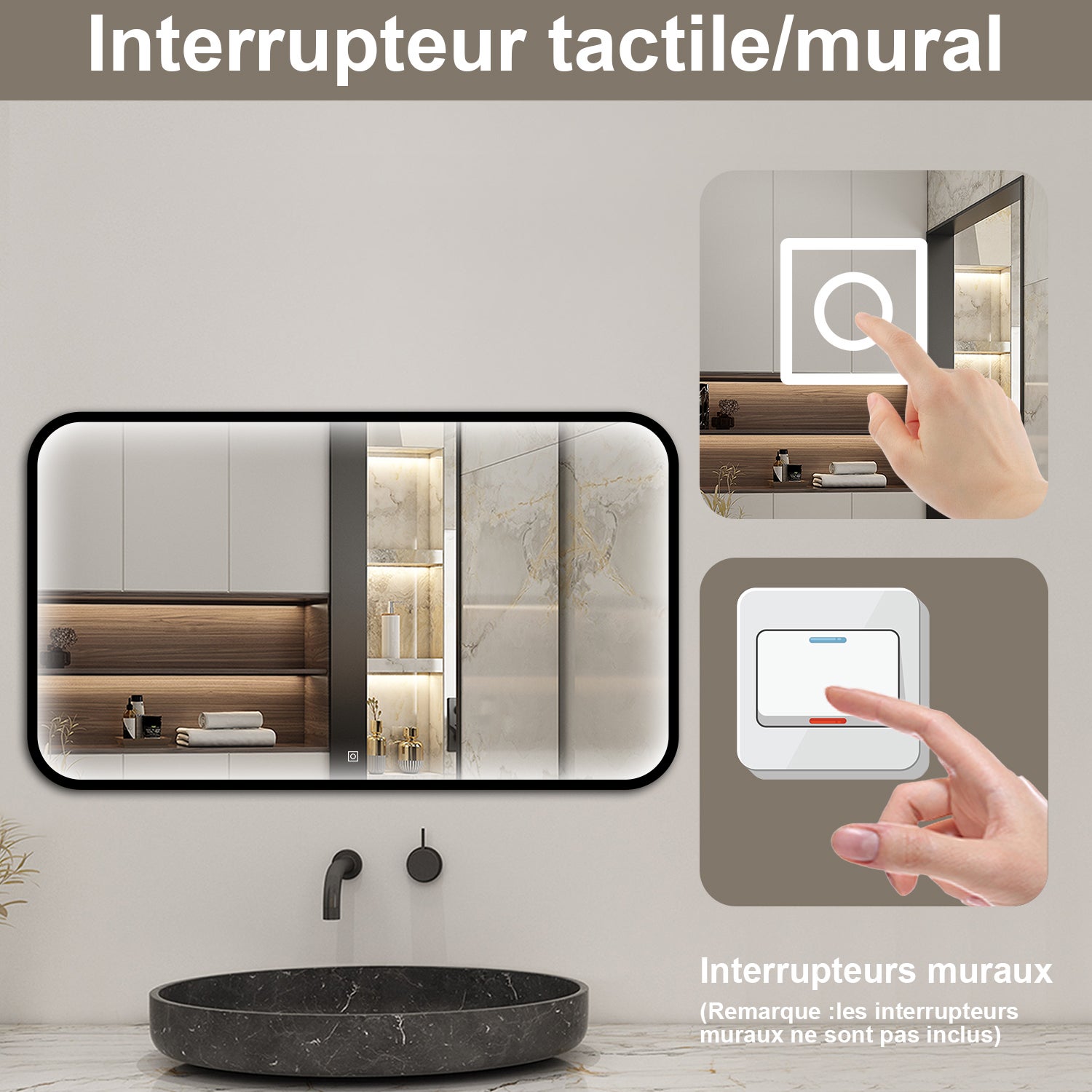 Aica Miroir lumineux de salle de bain 120x70cm Avec 3 Couleurs + Dimmable + Anti-Buée + Mémoire, Noir Cadre Métallique - 5