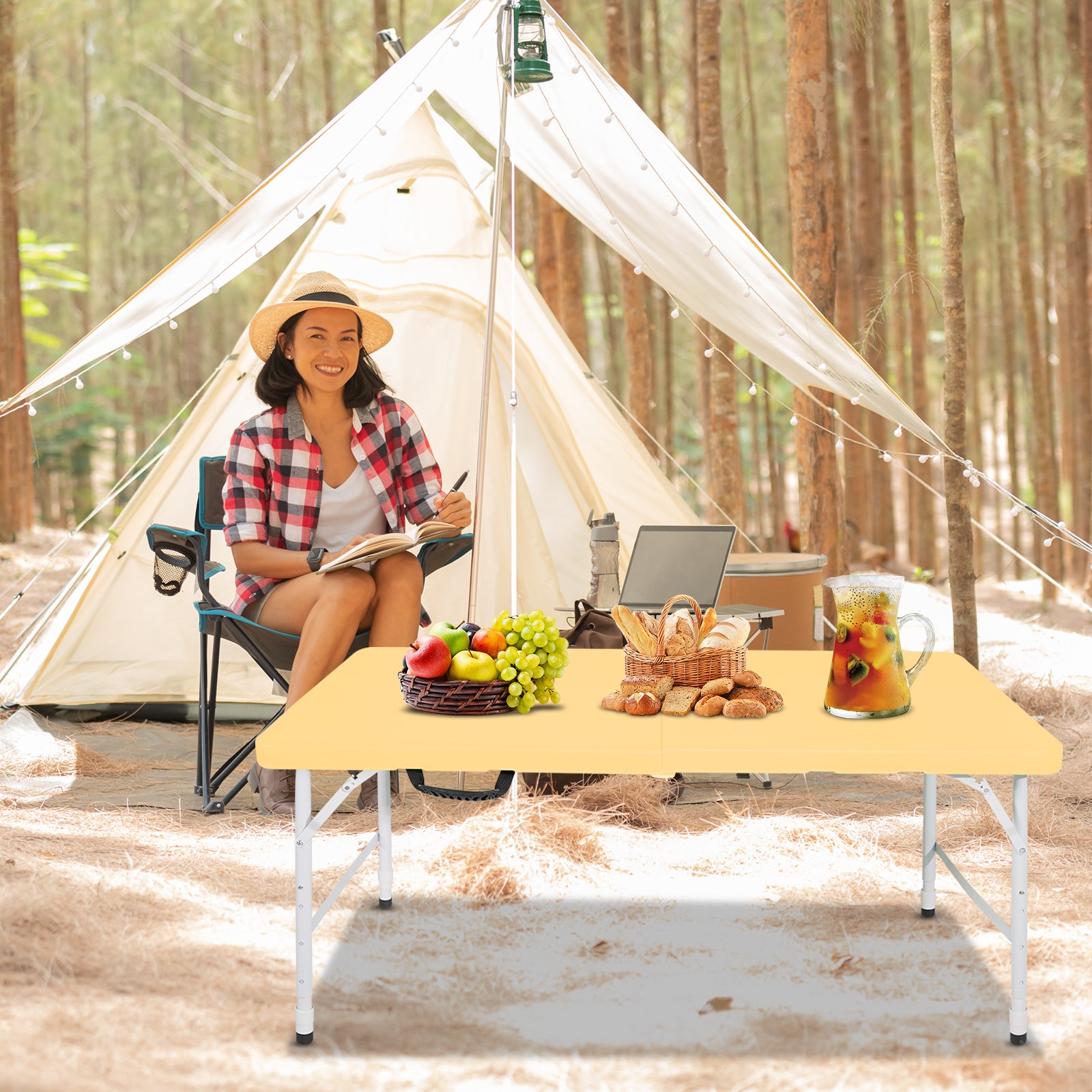 Mesa plegable 125x61 cm, altura ajustable 58 a 74 cm, plástico y hierro, color amarillo