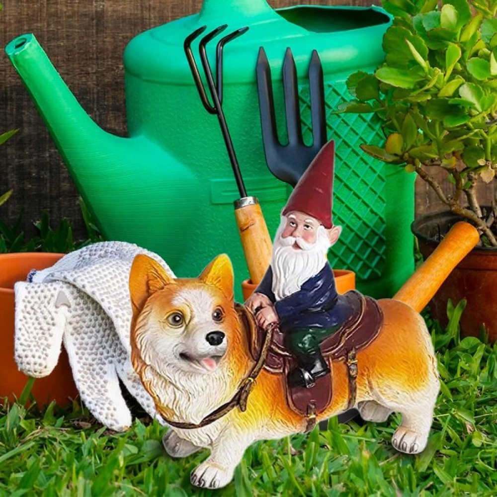 Zabawna figurka elfa ogrodowego w kubku: Święty Mikołaj jadący na corgi. Rzeźba elfa do ogrodu, do użytku wewnątrz i na zewnątrz, na patio. - 2