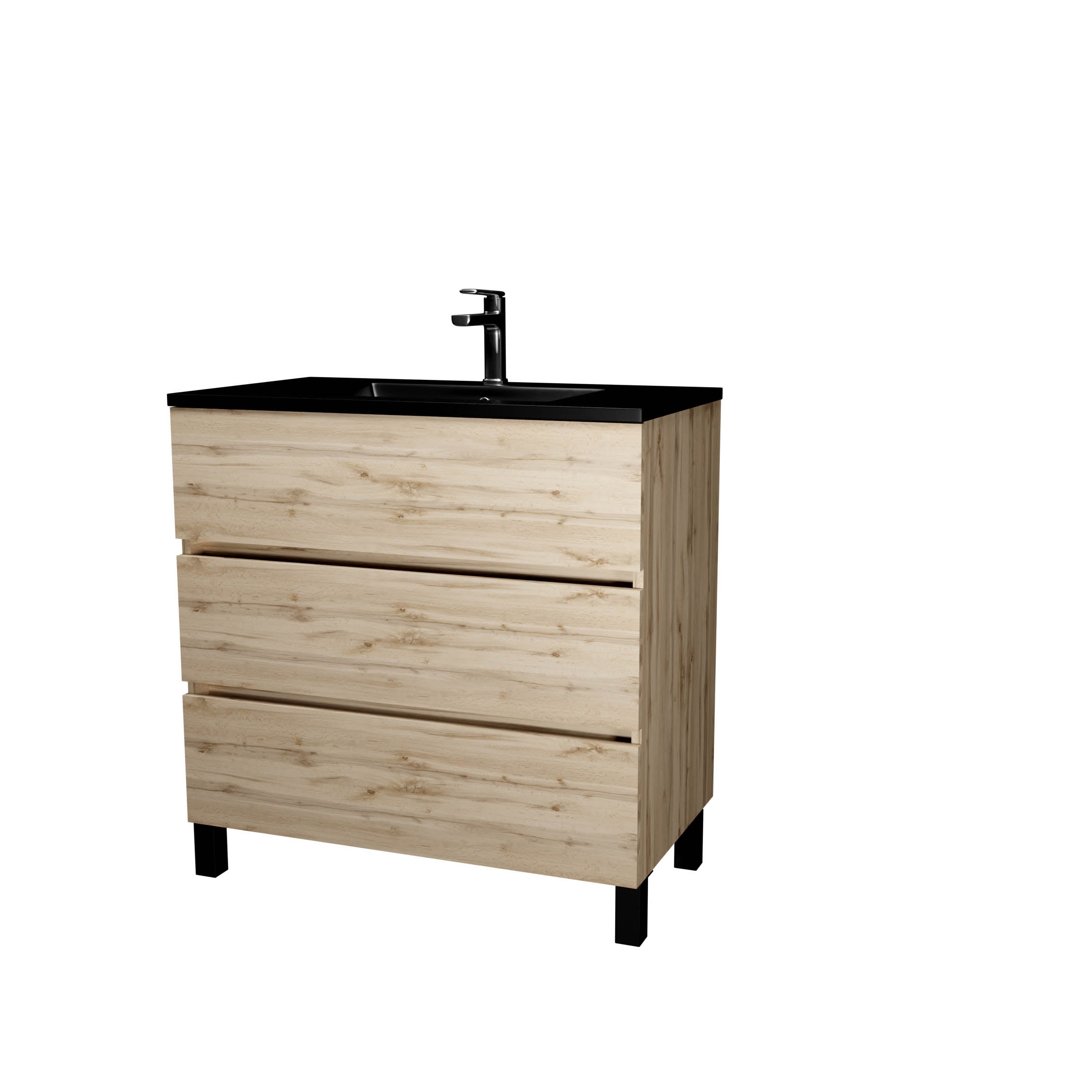 Meuble de salle de bains 80 cm 3 Tiroirs Chêne Naturel + Vasque Céramique Noire - TIMBER - 3