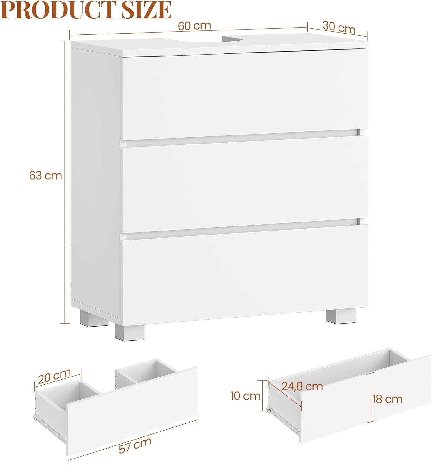 Mobile Sottolavabo per Bagno, Mobile Bagno Sottolavabo con 3 Cassetti, per Lavabo Senza Rialzo, Convient pour Bagnetto, Moderno, Bianco - 9