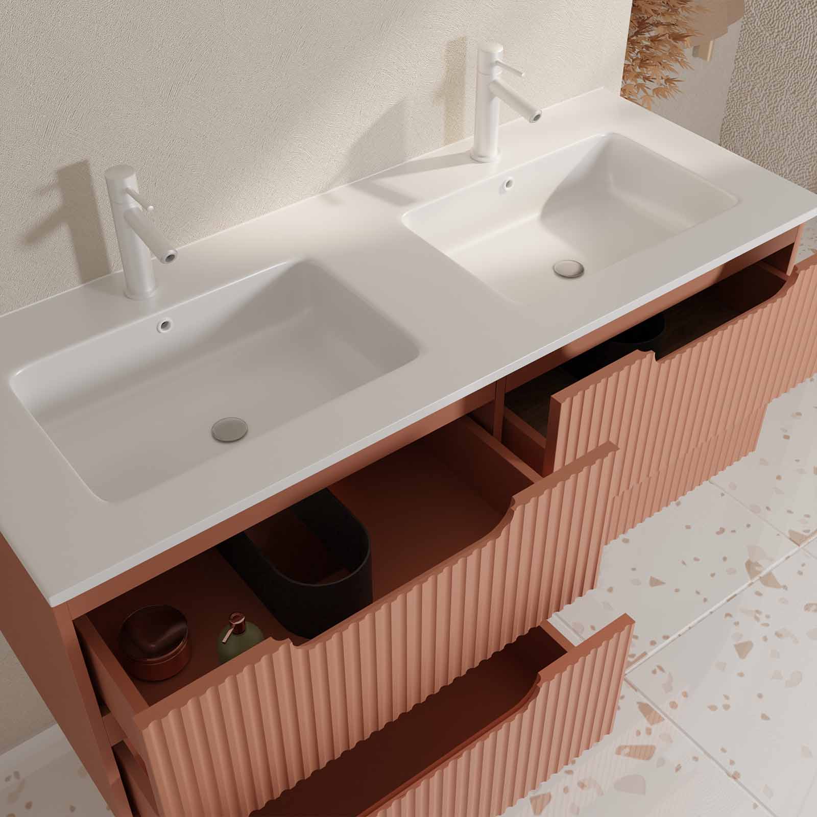 Meuble de Salle de Bains LEON 120cm Terracotta - 4 Tiroirs en MDF Ondulés - Vasque à encastrer - 2