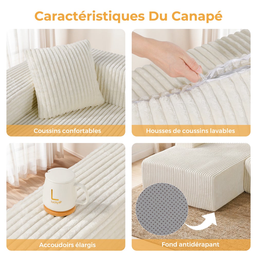 DRIPEX Canapé d'angle gauche en velours côtelé avec 4 coussins,Canapé sans assemblage avec méridienne en L,261×156×80cm,Beige - 9