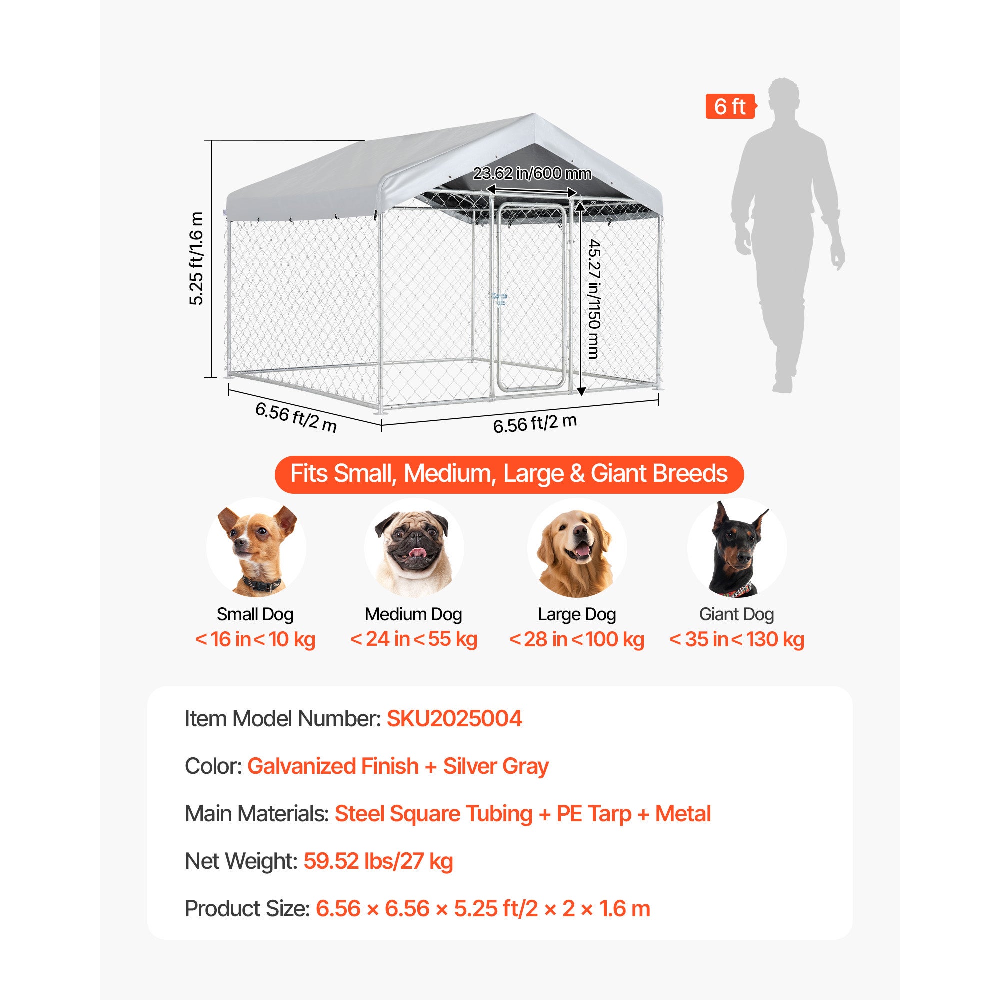 Canil exterior SucceBuy 2x2x1,6 m com cobertura, resistente e à prova de intempéries, cercado para cães de grande porte com capa de PE prateada - 7